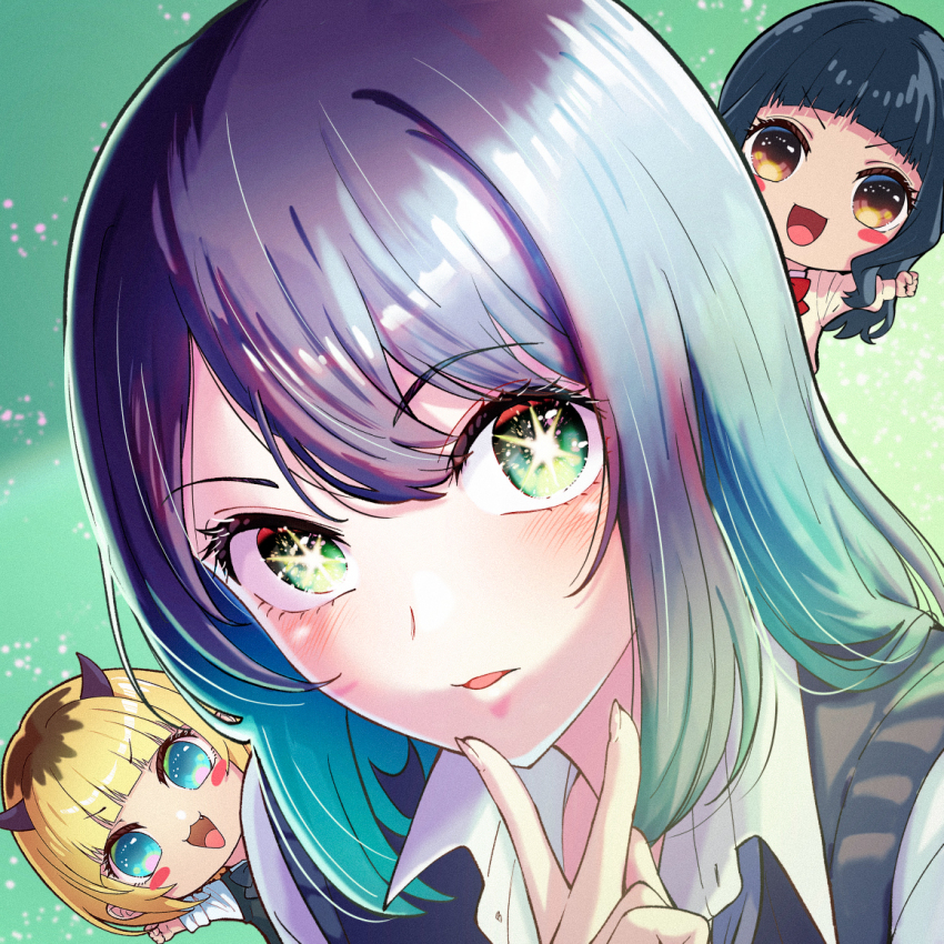 3girls :3 :d aqua_eyes aqua_hair arakan arms_up black_bow black_bowtie black_hair black_sweater_vest blonde_hair blue_eyes blue_hair blunt_bangs blush bow bowtie brown_cardigan cardigan chibi close-up collared_shirt commentary_request demon_horns fake_horns fang finger_to_own_chin gradient_hair hair_between_eyes horns kurokawa_akane long_hair long_sleeves looking_at_viewer mem-cho multicolored_hair multiple_girls no_pupils open_mouth orange_eyes oshi_no_ko parted_lips portrait red_bow red_bowtie roots_(hair) school_uniform shade shirt short_hair sidelocks smile star-shaped_pupils star_(symbol) sumi_yuki sweater_vest symbol-shaped_pupils v white_shirt