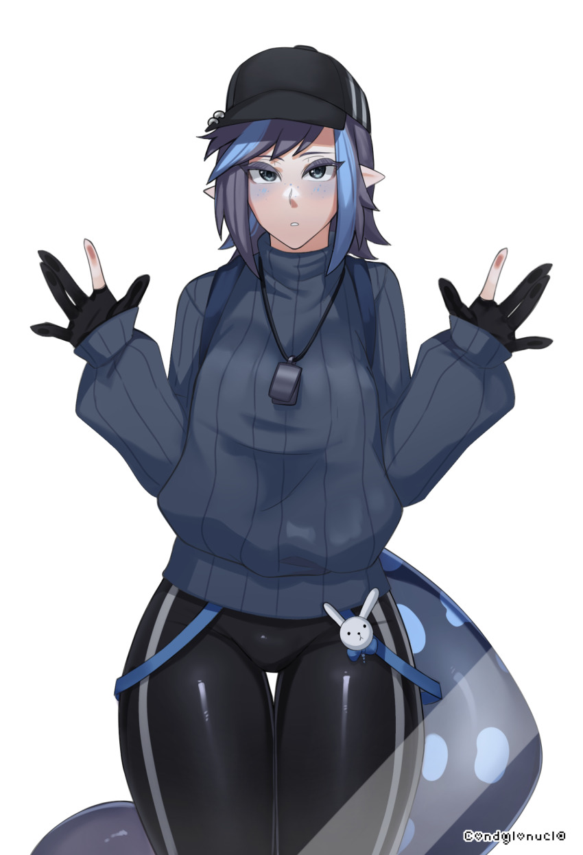 against_glass commission commissioner_upload condylonucla dela_(teuthidan) dog_tags grey_eyes grey_hair hat highres lizard_tail looking_at_viewer original signature tail thick_thighs thighs