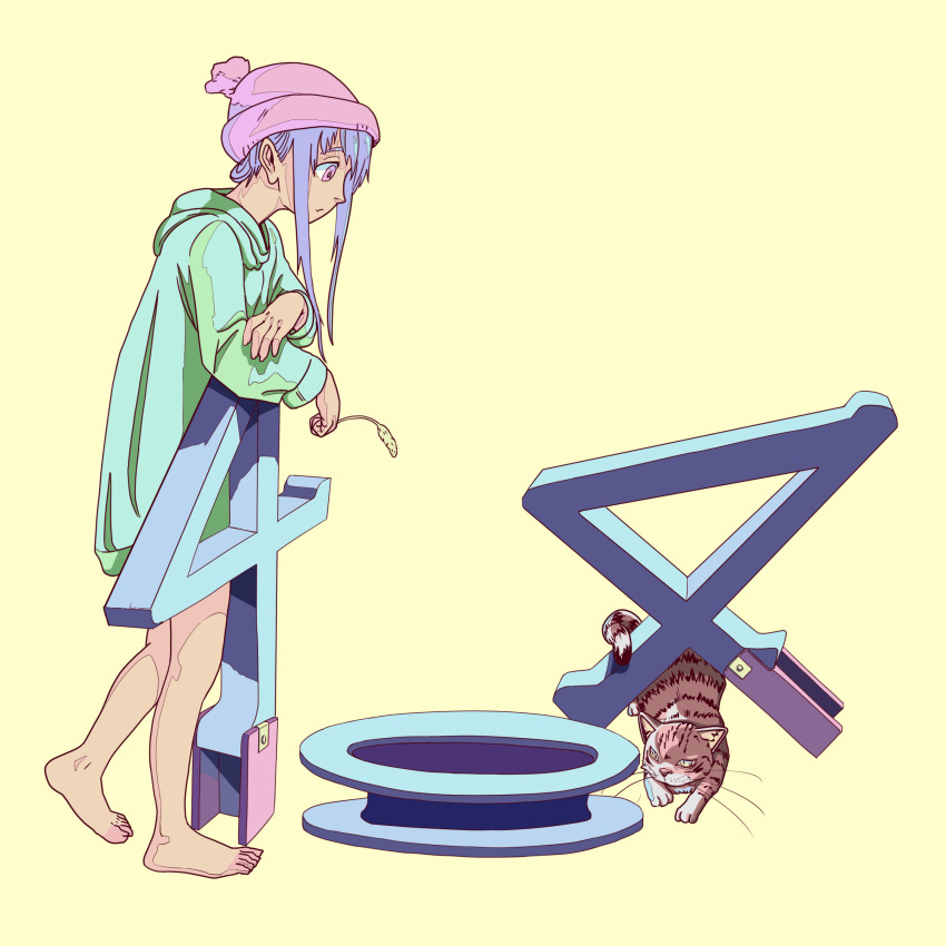 1girl 404 absurdres barefoot blue_hair cat closed_mouth commentary_request from_side green_hoodie highres hood hoodie http_status_code leaning_on_object original profile purple_headwear short_hair_with_long_locks sidelocks simple_background solo wtn_(dfrt3423) yellow_background