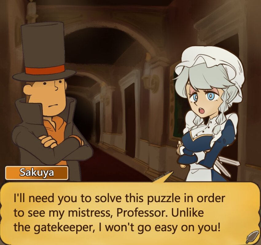 1boy 1girl black_hat blue_eyes brown_hair carumikoto closed_mouth commentary crossed_arms crossover english_text grey_hair hat hershel_layton izayoi_sakuya maid open_mouth professor_layton short_hair speech_bubble symbol-only_commentary teeth top_hat touhou upper_teeth_only white_hat