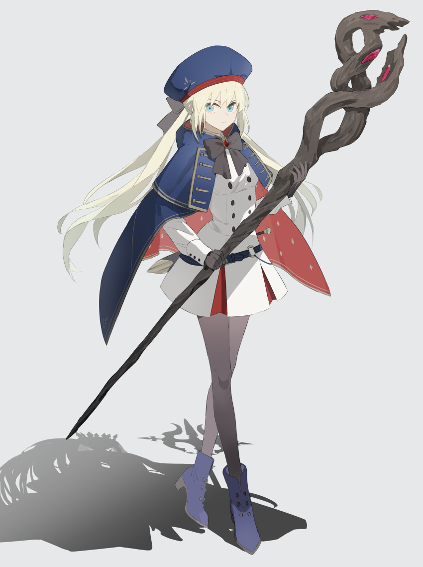 2girls absurdres aesc_(fate) black_gloves blue_eyes crown fate/grand_order fate_(series) full_body gloves hair_between_eyes hat highres holding holding_staff long_hair long_sleeves looking_at_viewer morgan_le_fay_(fate) morgan_le_fay_(queen_of_winter)_(fate) multiple_girls ninjin_(ne_f_g_o) polearm shadow simple_background spear staff weapon white_hair