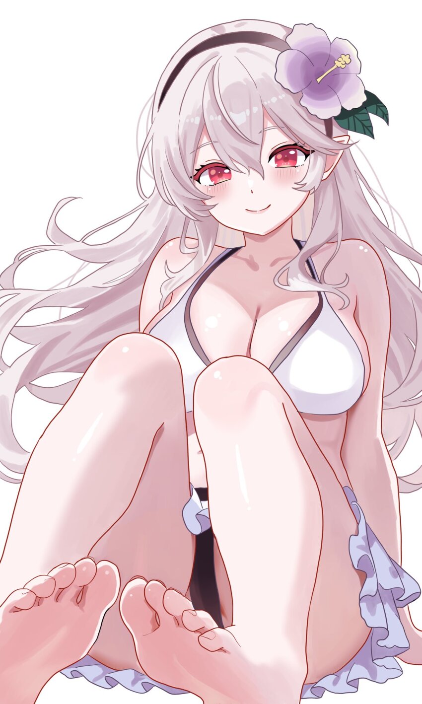 1girl barefoot bikini bikini_skirt black_hairband blush breasts cleavage female_corrin_(fire_emblem) female_corrin_(novice_vacationer)_(fire_emblem) feet fire_emblem fire_emblem_fates fire_emblem_heroes flower grey_hair hair_between_eyes hair_flower hair_ornament hairband highres large_breasts long_hair looking_at_viewer n_54 navel nintendo official_alternate_costume pointy_ears red_eyes smile solo swimsuit white_bikini