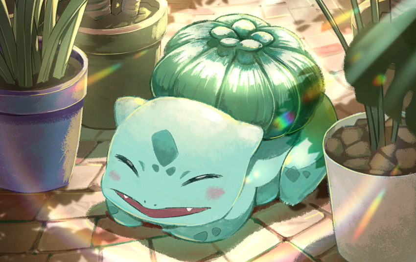 blush bulbasaur closed_eyes commentary_request day fangs flower_pot gen_1_pokemon highres lying nintendo on_stomach open_mouth outdoors plant pokemon pokemon_(creature) pokemon_focus shadow smile stone_floor torokko