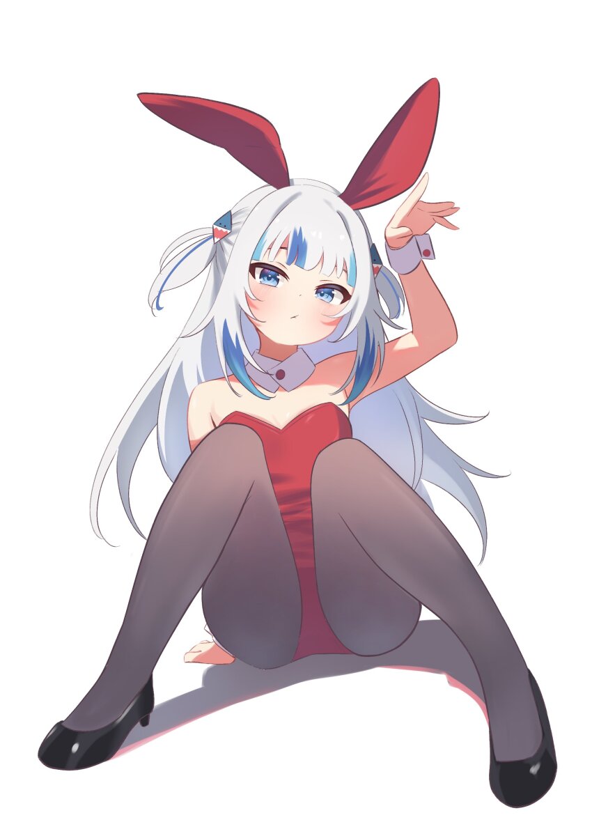 1girl absurdres alternate_costume alternate_hair_length alternate_hairstyle animal_ears arm_up black_shoes blue_eyes blue_hair breasts cleavage closed_mouth commentary detached_collar dot_nose fake_animal_ears flat_chest full_body gawr_gura highres hololive hololive_english leotard light_blush long_hair looking_at_viewer multicolored_hair no_tail pantyhose playboy_bunny rabbit_ears red_leotard ryu160303 shadow shoes sitting sleeveless solo strapless strapless_leotard streaked_hair symbol-only_commentary two_side_up virtual_youtuber white_background white_hair wrist_cuffs