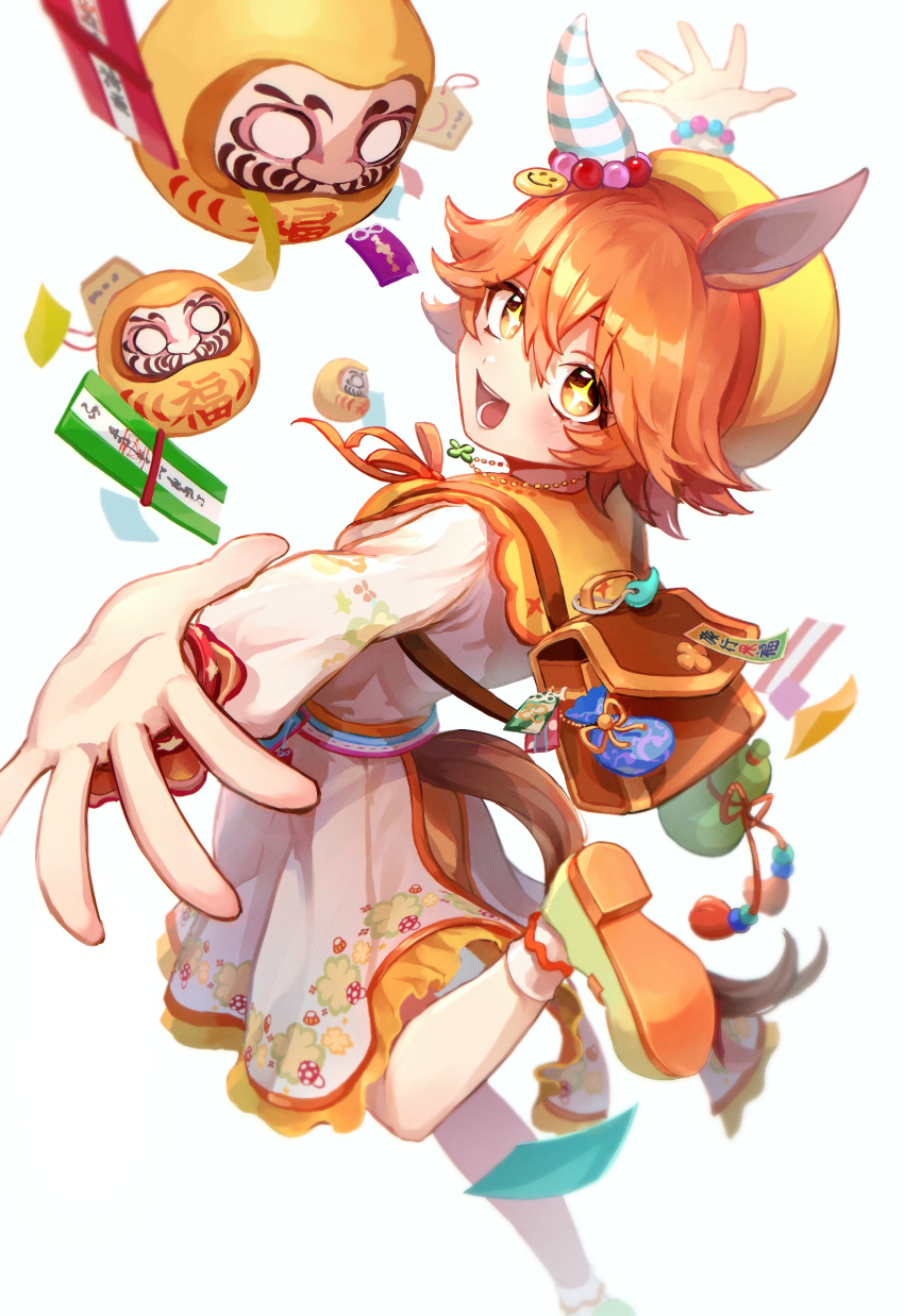 +_+ 1girl absurdres animal_ears backpack bag bead_bracelet beads blush bracelet brown_bag charm_(object) commentary_request commission daruma_doll dress ear_covers ear_ornament ema flipped_hair foot_out_of_frame four-leaf_clover_necklace hair_between_eyes highres horse_ears horse_girl horse_tail jewelry leg_up long_sleeves looking_at_viewer matikanefukukitaru_(good_omen_first_storm)_(umamusume) matikanefukukitaru_(umamusume) necklace official_alternate_costume open_mouth orange_dress orange_hair outstretched_arms sekiyu_inu short_hair simple_background single_ear_cover skeb_commission smile socks solo tail umamusume white_background white_socks yellow_eyes yellow_headwear