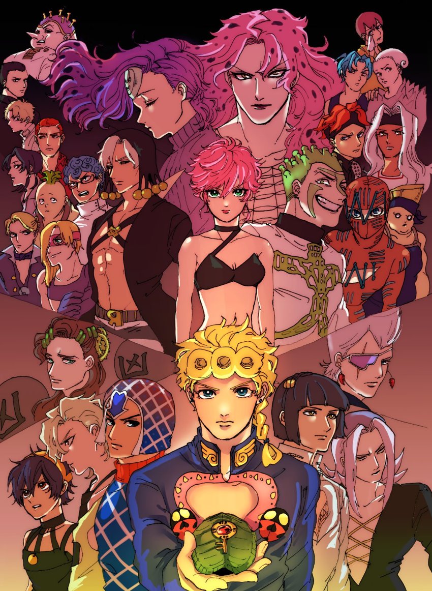 bare_pectorals belt_buckle black_eyes black_hair black_lips black_sclera blonde_hair blue_hair bob_cut bra braid breasts brown_eyes brown_hair bruno_bucciarati buckle carne_(jojo) choker cioccolata closed_eyes coco_jumbo collarbone colored_sclera curly_hair dark-skinned_male dark_skin diavolo earrings everyone eyepatch fat fishnets formaggio gelato_(jojo) ghiaccio giorno_giovanna glasses green_eyes green_hair grin guido_mista hair_ornament hairband hairclip hand_on_shoulder handkerchief hat headband highres illuso jean_pierre_polnareff jewelry jojo_no_kimyou_na_bouken kuroi_kemono leone_abbacchio lipstick long_hair luca_(jojo) makeup mario_zucchero mask melone midriff narancia_ghirga navel oasis_(stand) open_mouth pannacotta_fugo pectorals pesci pink_hair pink_lips pointy_nose polka_dot polka_dot_hair polpo prosciutto purple_hair quad_tails red_eyes red_hair risotto_nero sale_(jojo) scar scar_across_eye scar_on_face scolippi secco serious short_hair single_braid small_breasts smile sorbet_(jojo) squalo stud_earrings tears tiziano trish_una turtleneck underwear vento_aureo vinegar_doppio white_hair wiping_tears