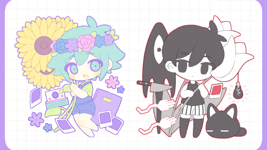 2boys :d animal antenna_hair barefoot basil_(headspace)_(omori) basil_(omori) black_cat black_eyes black_hair black_shorts black_socks black_tank_top blue_flower blue_overalls blush book camera cat chibi chibi_only child closed_mouth colored_skin commentary_request double-parted_bangs empty_eyes flower flower_wreath full_body green_eyes green_hair green_shirt grid_background hair_behind_ear hair_between_eyes head_wreath highres holding holding_flower kitchen_knife knife komano_shia leaf light_bulb looking_at_viewer male_focus mewo multiple_boys no_pupils no_shoes omori omori_(omori) open_mouth outline overall_shorts overalls oversized_flower photo_(object) pillarboxed pink_flower pink_rose purple_flower purple_outline rose shirt short_hair short_sleeves shorts simple_background smile socks something_(omori) standing striped_clothes striped_shorts sunflower tank_top tongue tulip two-tone_shorts vertical-striped_clothes vertical-striped_shorts white_background white_flower white_outline white_shorts white_skin white_tulip