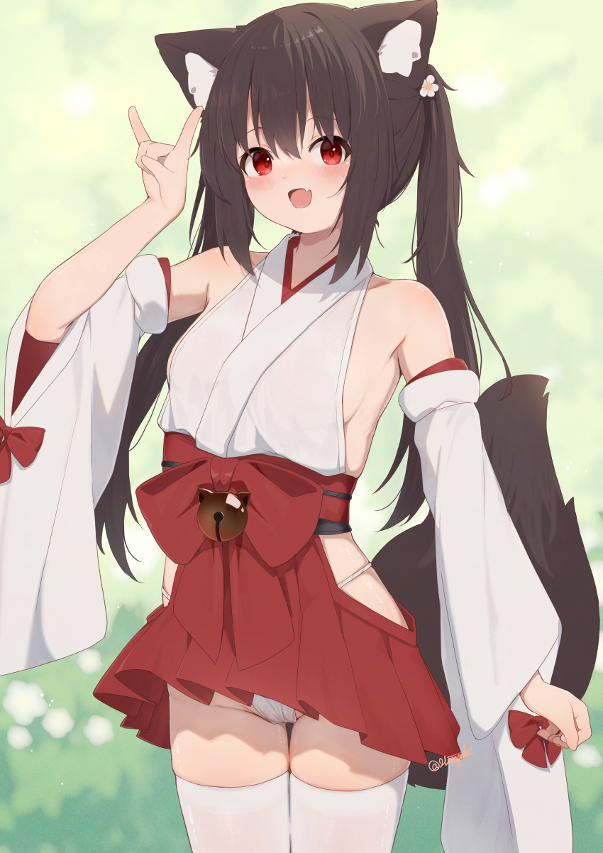 1girl :d absurdres animal_ears bell breasts brown_hair commentary_request detached_sleeves fang fox_ears fox_girl fox_shadow_puppet fox_tail fundoshi highres hinata_(user_rjkt4745) japanese_clothes jingle_bell long_hair looking_at_viewer medium_breasts miko open_mouth original paid_reward_available red_eyes skin_fang smile solo tail thighhighs twintails white_sleeves white_thighhighs wide_sleeves