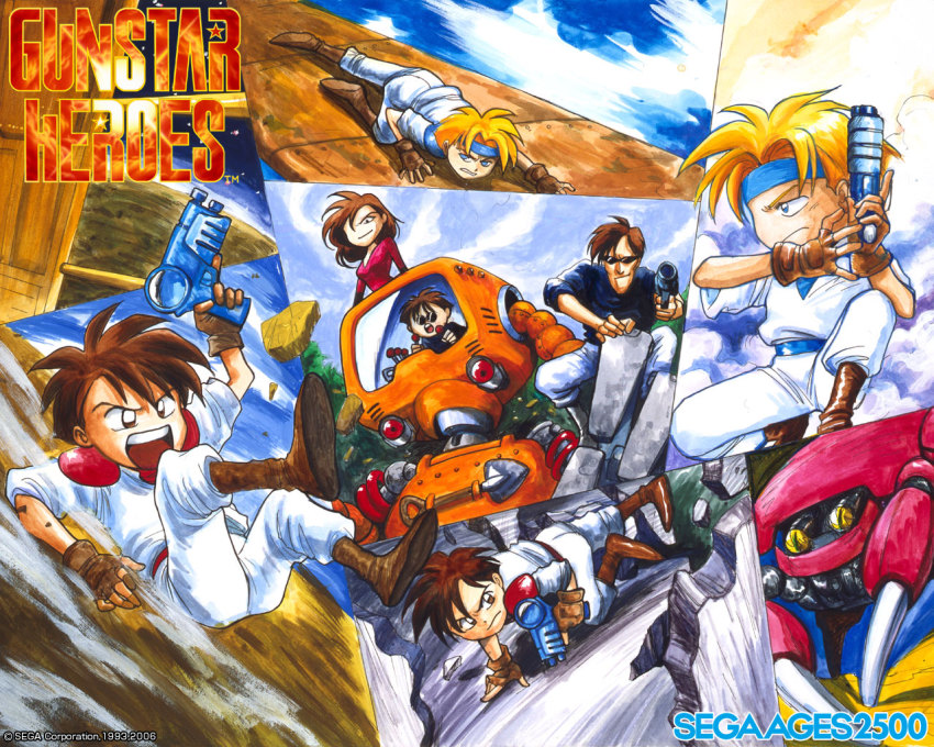 gradient_background gunstar_blue gunstar_heroes gunstar_red kain_(gunstar_heroes) kotaro_(gunstar_heroes) pink_(gunstar_heroes) tagme