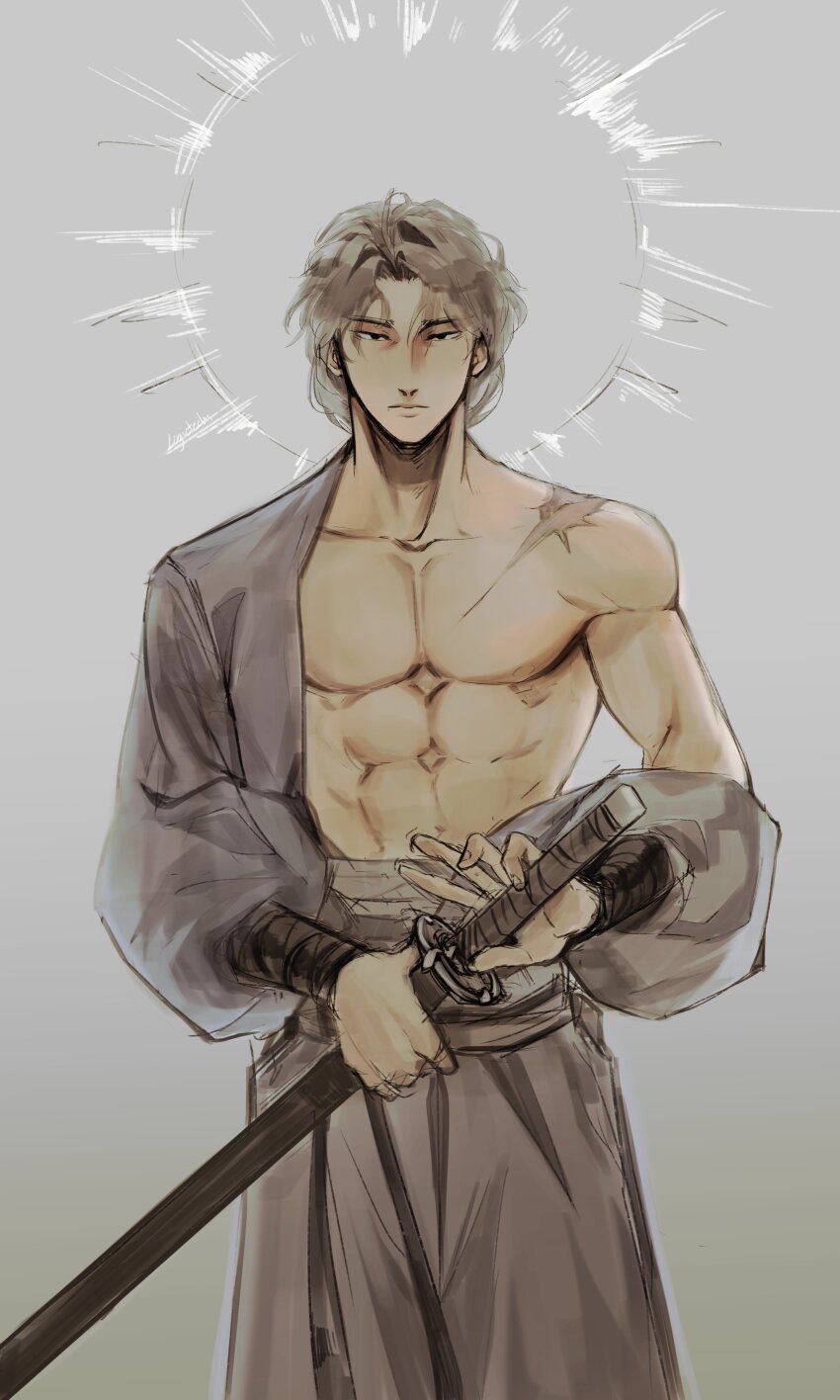 1boy abs absurdres black_eyes brown_hair commentary cowboy_shot eclipse english_commentary expressionless highres holding holding_sword holding_weapon logicsterrr looking_at_viewer male_focus muscular muscular_male original scar scar_on_arm short_hair solar_eclipse solo sword toga weapon