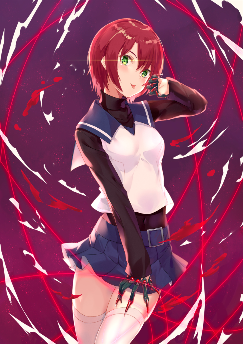 1girl :p blue_skirt claw_(weapon) fuuka_academy_school_uniform green_eyes highres ldfe_mk2 looking_at_viewer my-hime pleated_skirt red_hair school_uniform short_hair skirt solo thighhighs tongue tongue_out weapon white_thighhighs yuuki_nao