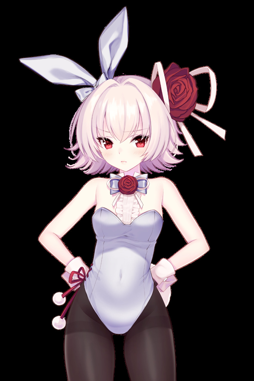 1girl animal_ears bare_shoulders breasts embarrassed eve_(soccer_spirits) fake_animal_ears flower gluteal_fold hair_flower hair_ornament hands_on_own_hips highres leotard looking_at_viewer official_art pantyhose pink_hair playboy_bunny rabbit_ears red_eyes red_flower red_rose resized ribbon rose shirahane_nao short_hair side-tie_leotard small_breasts soccer_spirits solo transparent_background upscaled white_leotard white_ribbon