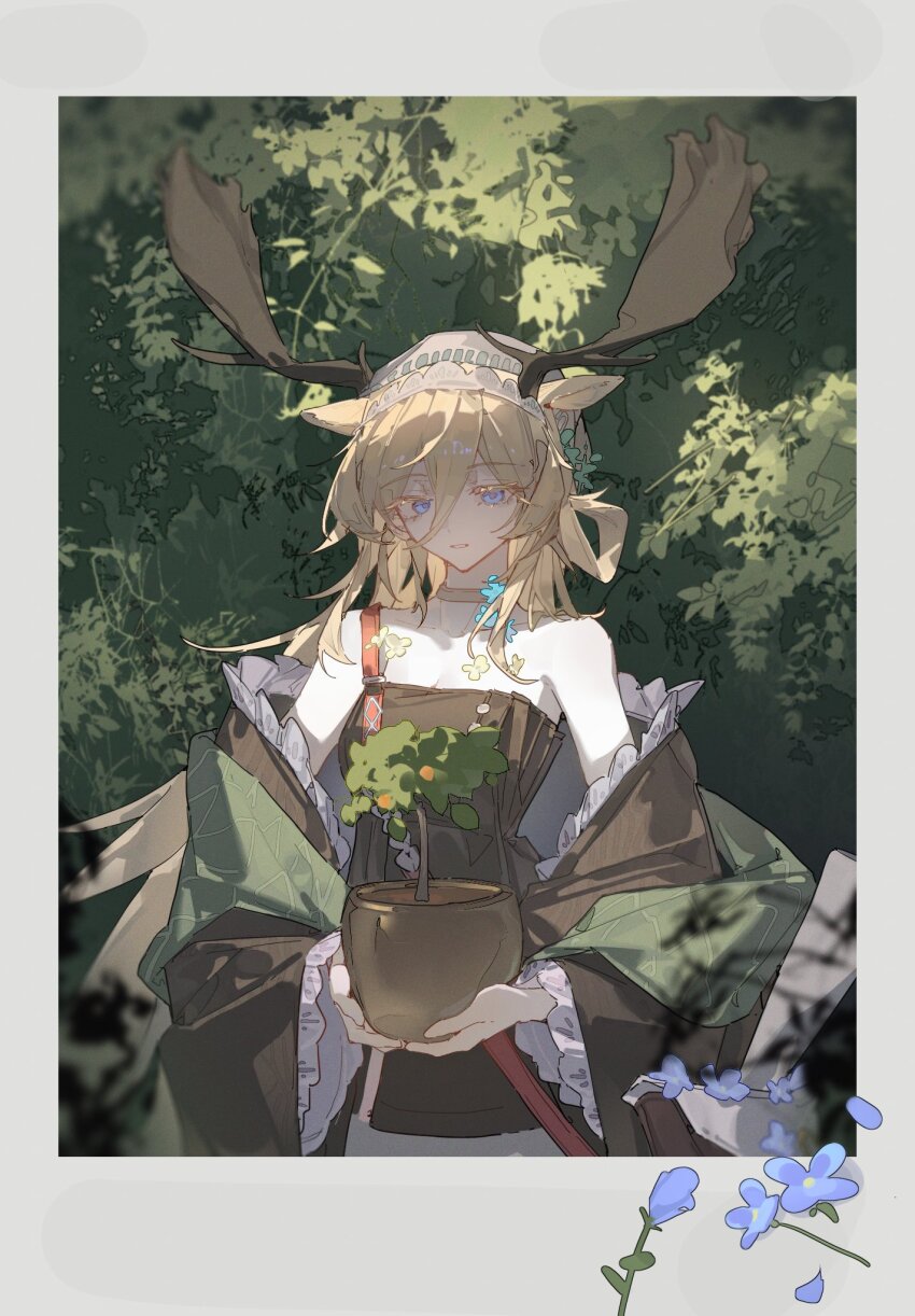 1girl animal_ears antlers arknights bare_shoulders black_choker black_coat black_dress blonde_hair blue_eyes blue_flower breasts choker cleavage coat collarbone cowboy_shot day deer_antlers deer_ears deer_girl dress flower hair_rings hat highres holding horns long_hair long_sleeves looking_down official_alternate_hairstyle open_clothes open_coat outdoors parted_lips plant polaroid_photo potted_plant sapling single_strap small_breasts smile solo viviana_(sent_from:_ognisko)_(arknights) white_hat wide_sleeves yuraku_(yealsiewa)