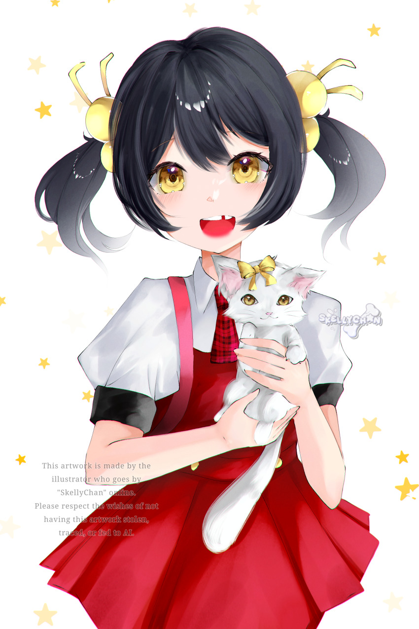 1girl absurdres animal backpack bag black_hair cat commentary dress hair_bobbles hair_ornament highres holding holding_animal kaai_yuki looking_at_viewer missing_tooth necktie open_mouth pinafore_dress plaid_clothes plaid_necktie short_sleeves skellychan sleeveless sleeveless_dress smile solo star_(symbol) vocaloid watermark white_cat yellow_eyes