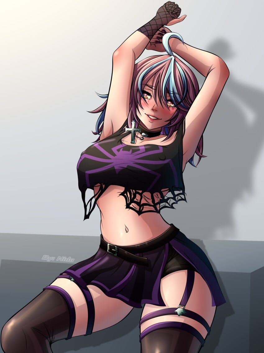 1girl absurdres affternido antenna_hair armpits arms_up arthropod_girl artist_name asymmetrical_gloves belt black_shorts black_thighhighs blue_hair blush breasts brown_eyes brown_hair collarbone covered_erect_nipples cropped_shirt emikukis_(vtuber) eyebrows eyelashes feet_out_of_frame female_focus fingernails fishnet_gloves fishnets garter_straps gloves goth_fashion grin highres indie_virtual_youtuber insect_girl large_breasts long_fingernails looking_at_viewer matching_hair/eyes midriff multicolored_hair nail_polish navel purple_nails purple_skirt shirt shorts shorts_under_skirt sitting skirt sleeveless sleeveless_shirt smile solo spider_girl streaked_hair stretching teeth thighhighs two-tone_hair virtual_youtuber