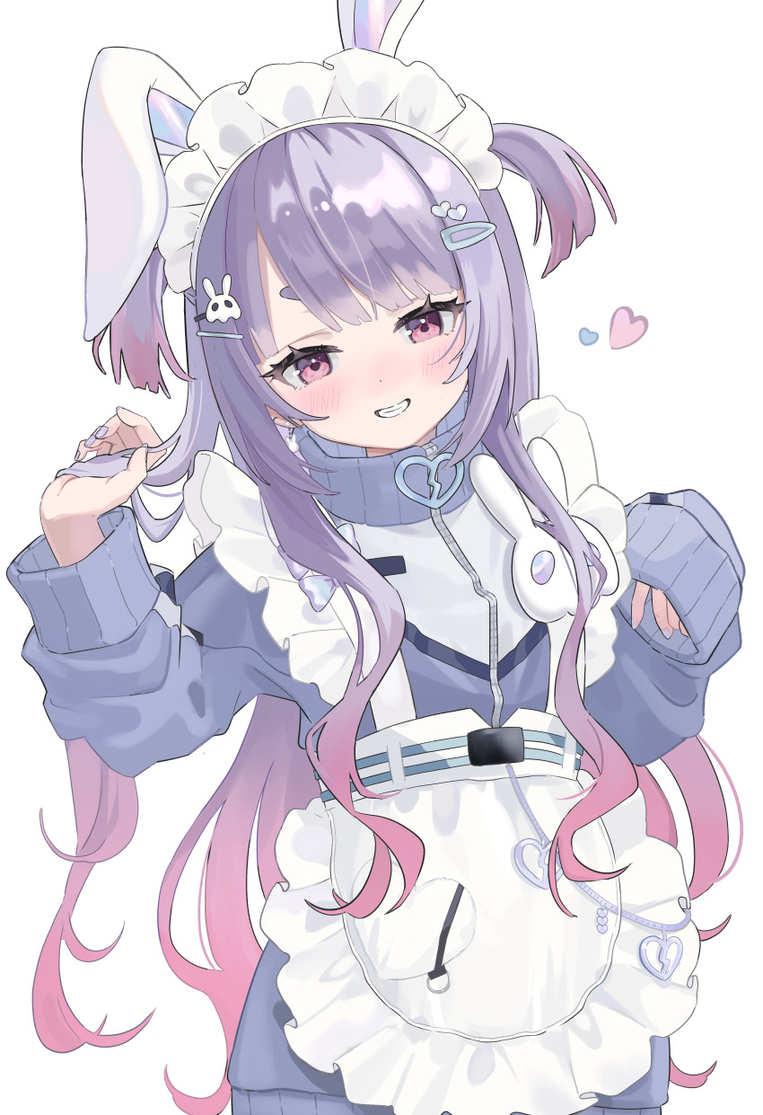 1girl absurdres animal_ears apron blue_jacket blue_nails cattleya_regina_games eyelashes fake_animal_ears frilled_apron frills gradient_hair grin hair_ornament hairclip hand_in_own_hair heart heart_hair_ornament highres jacket jersey_maid long_hair looking_at_viewer maid maid_apron maid_headdress multicolored_hair nail_polish official_alternate_costume pink_eyes pink_hair potepote_lp purple_hair rabbit-ear_headwear rabbit_ears short_eyebrows simple_background single_sleeve_past_wrist skull_hair_ornament smile solo standing teeth tosaki_mimi tosaki_mimi_(4th_costume) track_jacket two-tone_hair two_side_up unconventional_maid upper_body virtual_youtuber vspo! wavy_hair white_apron white_background white_headdress