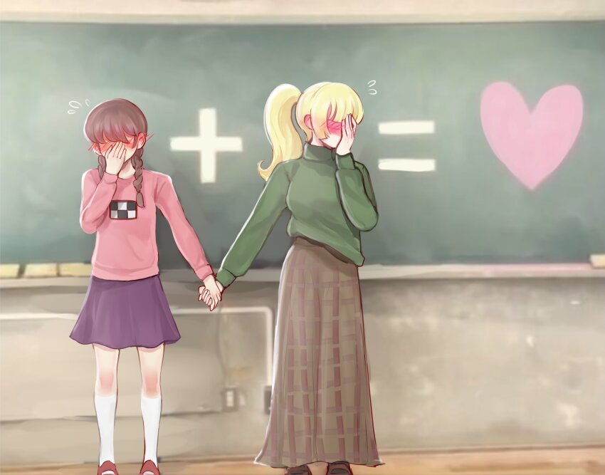 2girls blonde_hair braid brown_hair chalkboard classroom equation facepalm heart heavy_breathing highres holding_hands long_hair long_sleeves madotsuki multiple_girls pink_shirt poniko ponytail purple_skirt shirt skirt sweater swept_bangs topsieturvy turtleneck twin_braids yume_nikki yuri