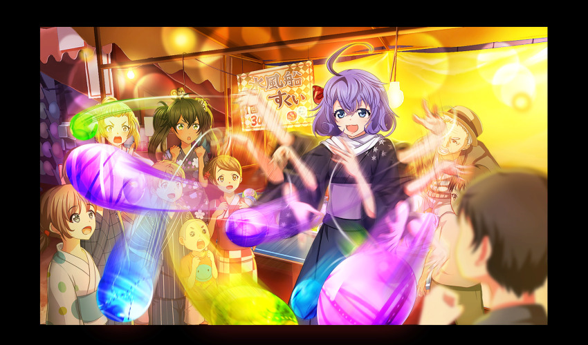:d ahoge akino_komugi asada_aoi black_border black_hair black_kimono blonde_hair blue_eyes blurry border cinderella_series curly_hair depth_of_field floral_print floral_print_kimono game_cg hachigatsu_no_cinderella_nine highres iwaki_yoshimi japanese_clothes kimono lens_flare motion_blur motion_lines multiple_boys multiple_girls non-web_source obi official_alternate_hairstyle official_art open_mouth outdoors print_kimono purple_hair purple_sash sash short_hair smile solo_focus speed_lines summer_festival twintails v-shaped_eyebrows water_yoyo
