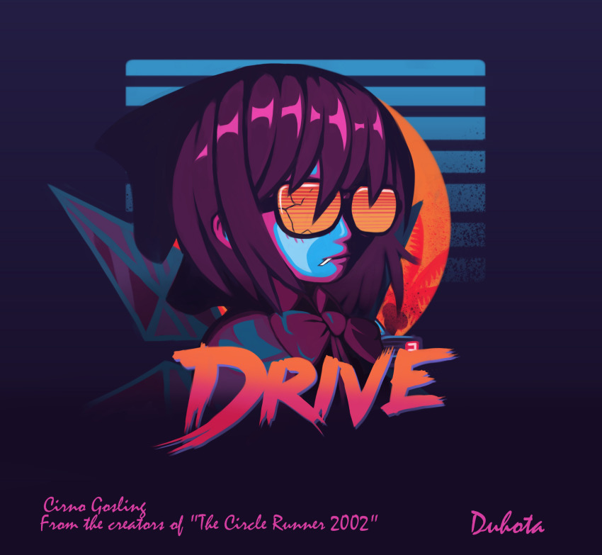 1girl bow cirno closed_mouth drive_(movie) duhota english_text highres ice ice_wings orange-tinted_eyewear short_hair solo sunglasses synthwave tinted_eyewear toothpick touhou upper_body wings
