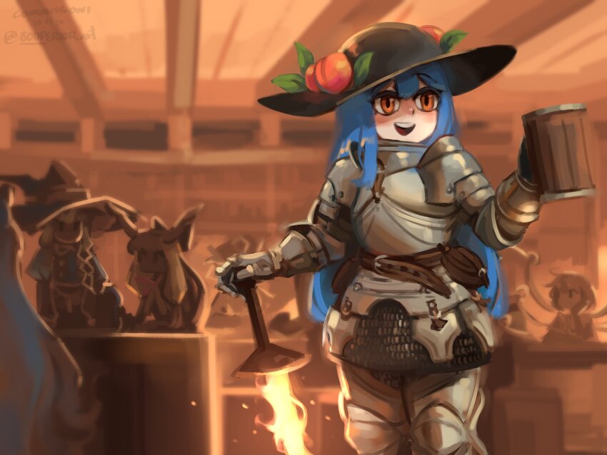 6+girls armor belt belt_pouch blue_hair blush chainmail commentary commission cuirass double-parted_bangs english_commentary fire flaming_sword flaming_weapon food fruit fruit_hat_ornament gauntlets greaves hat highres hinanawi_tenshi holding holding_sword holding_weapon houjuu_nue ibuki_suika kirisame_marisa long_hair multiple_girls peach peach_hat_ornament pouch red_eyes second-party_source shoulder_armor smile souperior sword sword_of_hisou tavern teeth touhou twitter_username upper_teeth_only weapon wooden_beam wooden_ceiling wooden_cup
