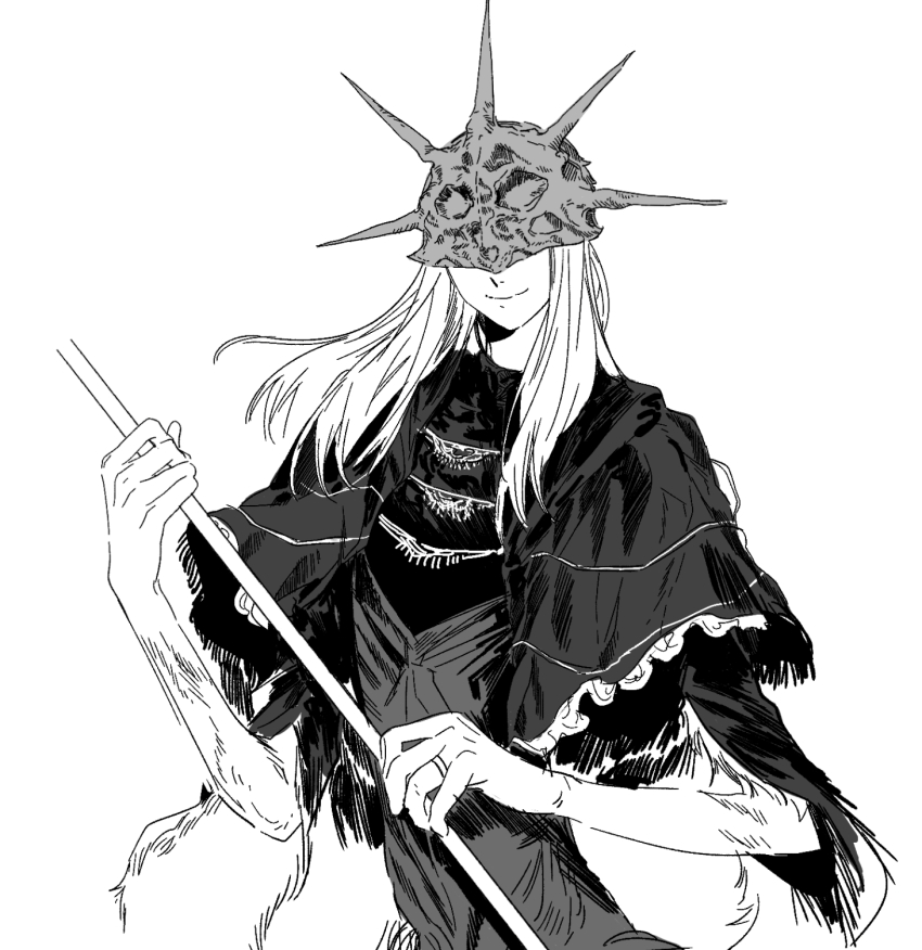 192_saioma 1boy aldrich_devourer_of_gods capelet closed_mouth commentary dark_souls_(series) dark_souls_iii dark_sun_gwyndolin greyscale highres holding holding_staff jewelry long_hair looking_at_viewer male_focus masked monochrome ring robe simple_background smile solo staff upper_body