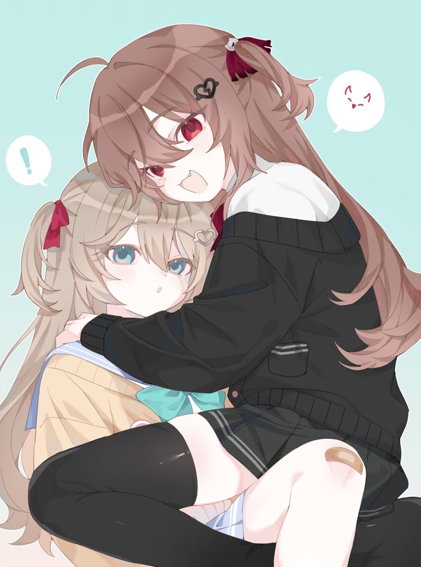 2girls :d :o aqua_background bandaid bandaid_on_knee bandaid_on_leg black_cape black_skirt blue_bow blue_bowtie blue_eyes blue_sailor_collar bow bowtie brown_cardigan brown_hair cape cardigan collared_shirt commission eliora202 evil_neuro-sama fang hair_between_eyes hair_ornament hair_ribbon hand_on_another&#039;s_shoulder heart heart_hair_ornament highres image_in_thought_bubble long_sleeves looking_at_viewer miniskirt multiple_girls neuro-sama open_mouth pocket red_eyes red_ribbon ribbon sailor_collar shirt siblings single_bare_shoulder sitting sitting_on_person skindentation skirt skull_hair_ornament smile twins twintails vedal_ai virtual_youtuber white_shirt