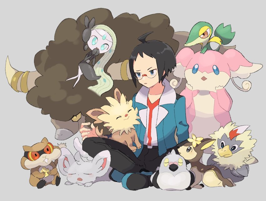1boy ahoge audino belt belt_buckle black_belt black_footwear black_hair black_pants bouffalant buckle cheren_(pokemon) deerling eneko_(olavcnkrpucl16a) gen_5_pokemon glasses highres jacket legendary_pokemon lillipup male_focus meloetta minccino mythical_pokemon nintendo open_clothes open_jacket pants patrat pidove pokemon pokemon_(creature) pokemon_bw rufflet semi-rimless_eyewear shirt shoes short_hair sitting snivy white_shirt