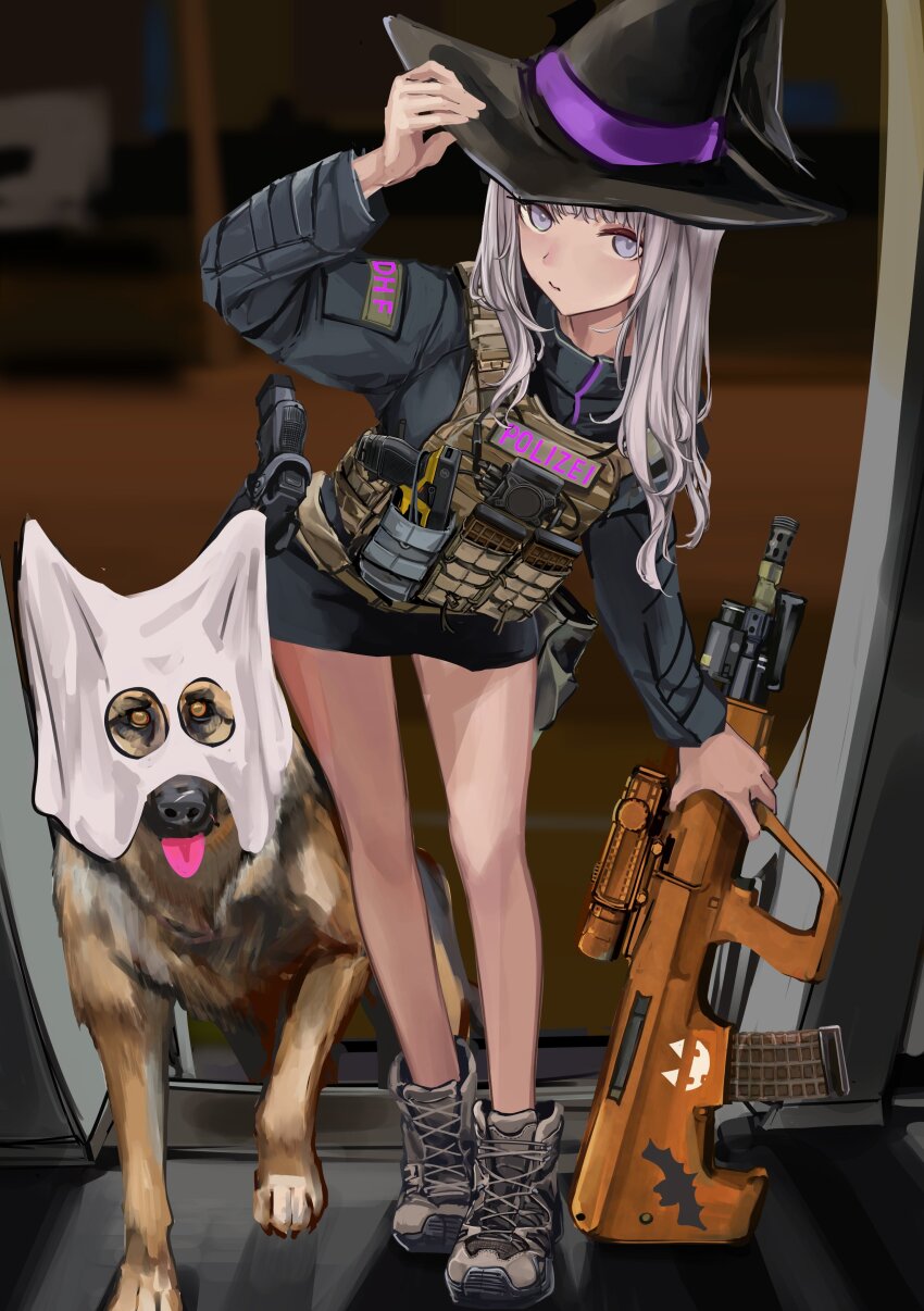 1girl absurdres assault_rifle black_gloves black_jacket blurry bullpup chest_rig combat_helmet commentary commentary_request depth_of_field dog doorway german_shepherd german_text glock gloves gun halloween handgun hat helmet highres jacket k9_(dog) leaning_forward lithographica long_hair long_sleeves motor_vehicle night optical_sight original police police_uniform policewoman rifle s.w.a.t. solo steyr_aug taser unworn_gloves weapon white_hair witch_hat