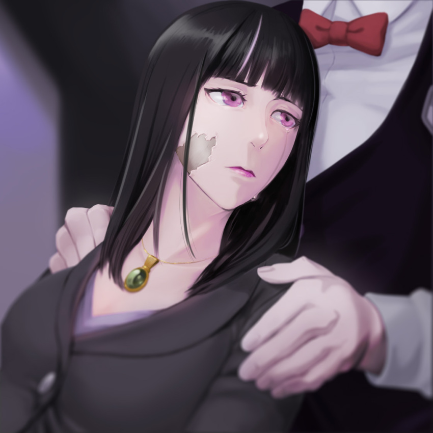 10s 1boy 1girl black_hair crying death_parade decim_(death_parade) faceless faceless_male jewelry kurokami_no_onna long_hair multicolored_hair pendant purple_eyes rokka_(gipsyroad) spoilers two-tone_hair