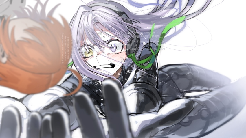 2girls absurdres black_bodysuit bodysuit falling fate/grand_order fate_(series) fujimaru_ritsuka_(female) heterochromia highres kingprotea_(fate) long_hair multiple_girls o-ring purple_eyes sugomori_tsuru_(hana_tsuru_wo) very_long_hair xochitonal_(fate)