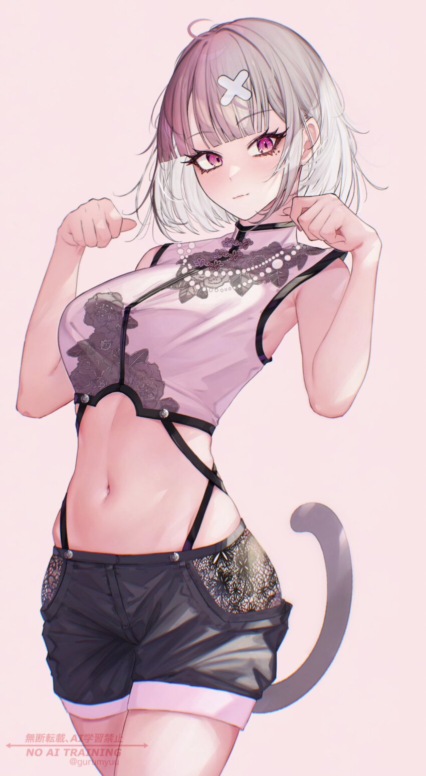 1girl blush bob_cut breasts cat_girl cat_tail grey_hair grey_tail gurumyuu hair_ornament hairclip highres large_breasts medium_hair navel nijisanji paw_pose pink_shrug stomach sukoya_kana sukoya_kana_(7th_costume) tail thighs virtual_youtuber x x_hair_ornament