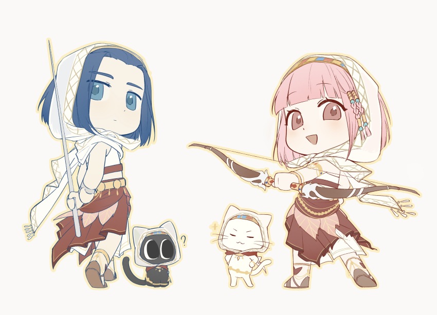 1boy 1girl ? absurdres animal armlet bare_shoulders beads belt black_cat black_eyes blue_eyes blue_hair blunt_bangs bow_(weapon) bracelet braid brown_eyes brown_sandals cat chibi chinese_commentary cloak closed_mouth clothed_animal commentary_request cosplay crop_top crossdressing crossdressing_(mtf) crossover dot_nose expressionless eyelashes eyes_visible_through_hair forehead fringe_trim ganweixiaoyu gold_armlet hair_beads hair_ornament hair_through_hood hair_tubes hairband hands_on_own_hips happy highres holding holding_behind_back holding_bow_(weapon) holding_polearm holding_weapon holding_weapon_behind_back hood hood_up hooded_cloak infinity_nikki jewelry jitome light_blush light_frown long_skirt looking_at_another looking_at_viewer luo_xiaohei luo_xiaohei_(cat) luo_xiaohei_zhanji medium_hair midriff momo_(nikki) momo_(nikki)_(cosplay) multicolored_hairband nikki_(nikki) nikki_(nikki)_(cosplay) nikki_(series) official_alternate_costume open_mouth outline pleated_skirt polearm purifying_wind_(infinity_nikki) red_skirt sandals shirt side_braids simple_background skirt sleeveless sleeveless_shirt smile tareme twin_braids weapon white_background white_cat white_cloak white_shirt white_skirt wuxian_(the_legend_of_luoxiaohei) yellow_belt yellow_outline