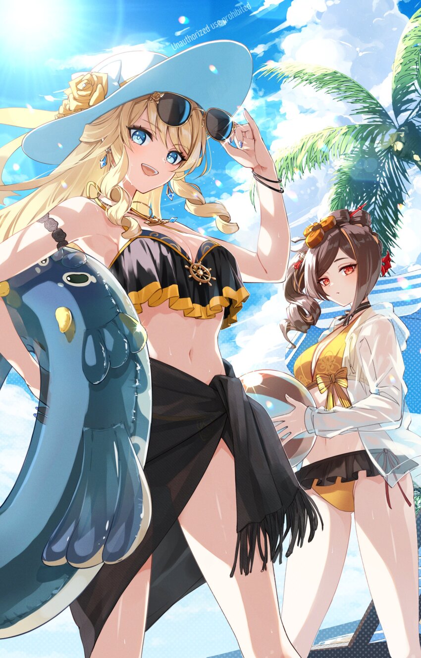 2girls absurdres alternate_costume ball bare_shoulders beach_volleyball bikini black_bikini blonde_hair blue_eyes breasts brown_hair chiori_(genshin_impact) cleavage cloud cloudy_sky drill_hair drill_ponytail eyewear_on_head genshin_impact highres holding holding_ball holding_swim_ring innertube itsumono_katze multicolored_hair multiple_girls navel navia_(genshin_impact) open_mouth outdoors parted_lips red_eyes side_ponytail sky smile streaked_hair sunglasses swim_ring swimsuit teeth upper_teeth_only yellow_bikini