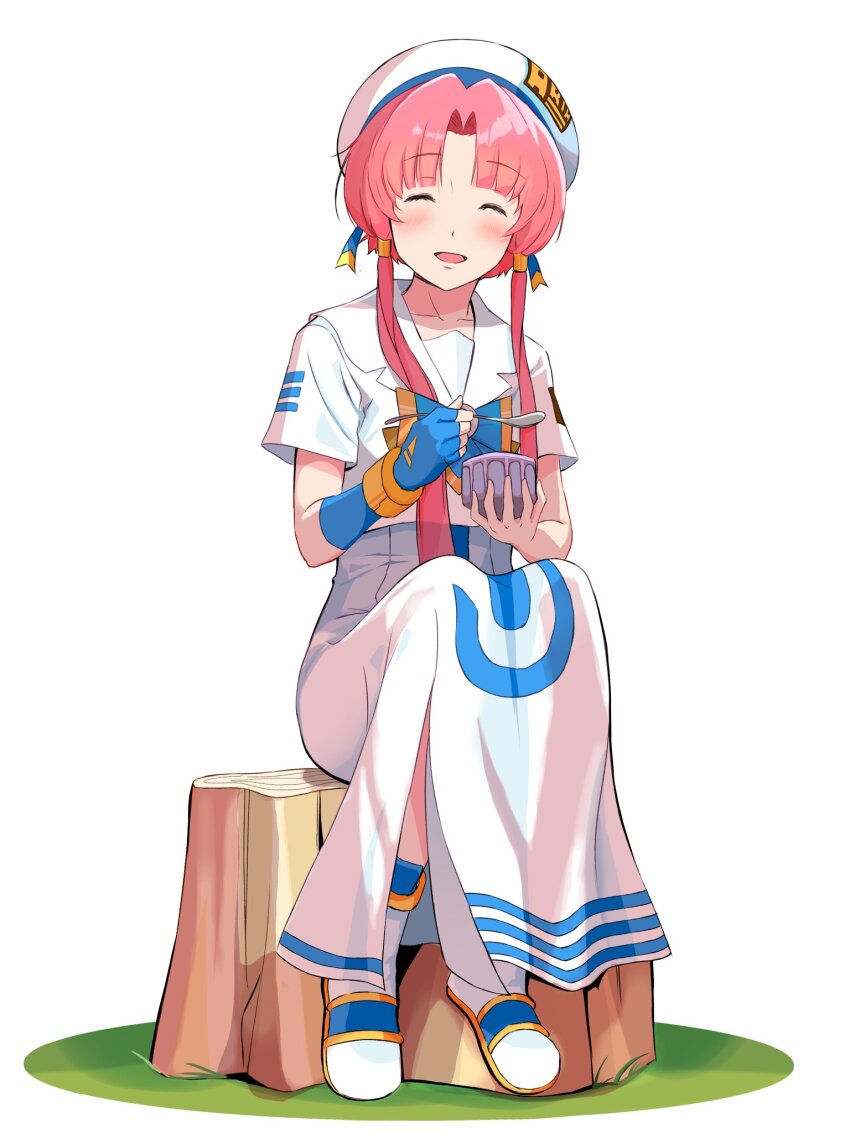 1girl ^_^ andanden aria_(manga) aria_company_uniform beret blue_gloves blush bracelet closed_eyes collarbone dress eyelashes fingerless_gloves full_body gloves gold_trim hat hat_ribbon highres holding holding_spoon jewelry long_dress looking_at_viewer mizunashi_akari parted_bangs pink_hair ribbon sailor_collar short_hair_with_long_locks short_sleeves side_slit simple_background single_glove sitting sitting_on_tree_stump smile solo spoon white_background white_dress white_footwear