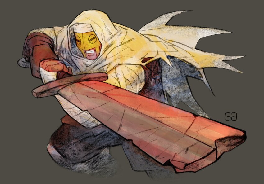 1boy bandaged_arm bandages black_pants broken broken_sword broken_weapon brown_background capelet clenched_hands clenched_teeth commentary cropped_legs darkest_dungeon gwahaeyo half_mask highres holding holding_sword holding_weapon hood hood_up leper_(darkest_dungeon) male_focus mask pants solo sword teeth weapon white_capelet white_hood yellow_mask