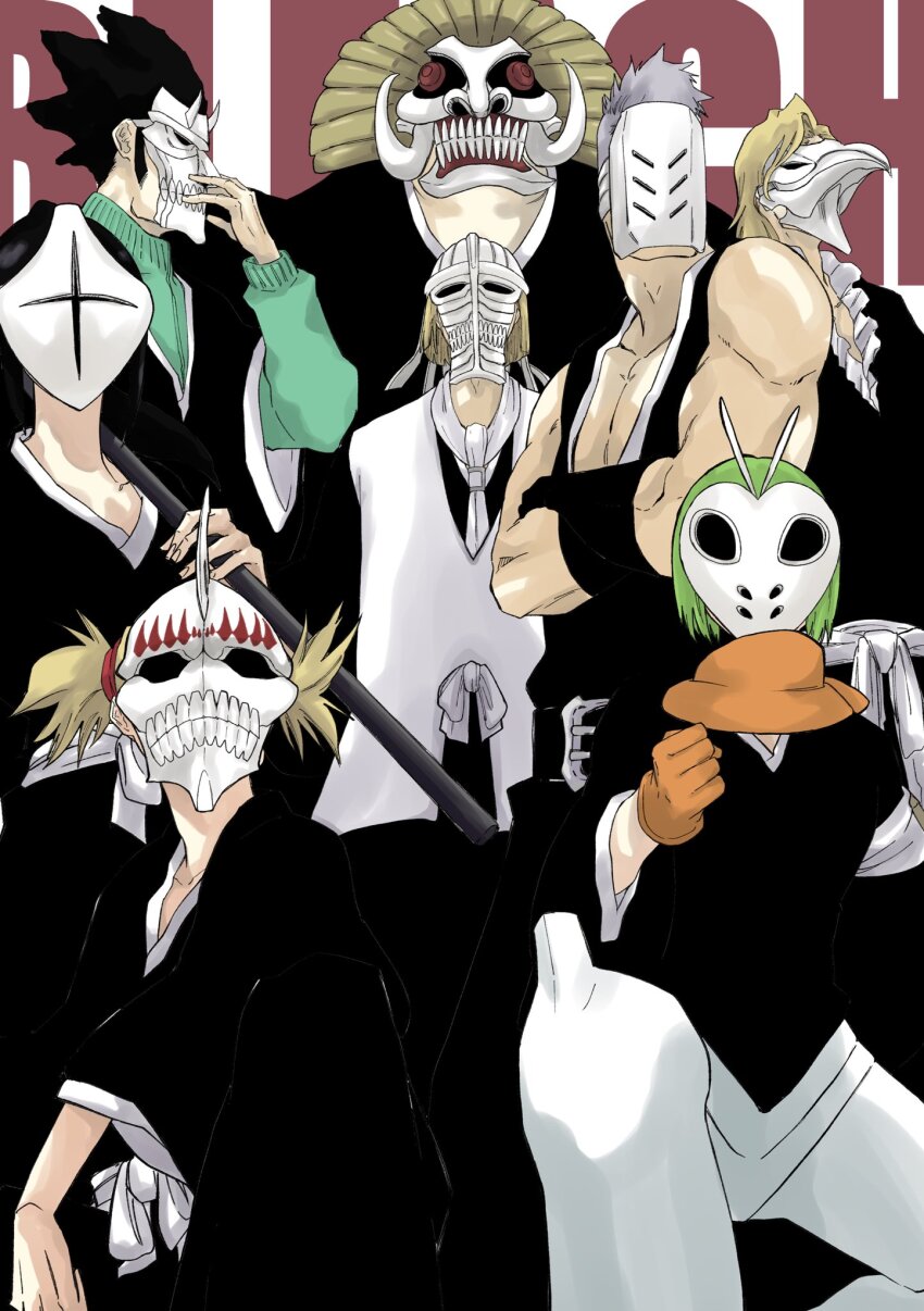 3girls 5boys aikawa_love black_kimono black_vest bleach bleach:_sennen_kessen-hen blonde_hair bob_cut clenched_hand commentary_request copyright_name cowboy_shot crossed_arms facing_viewer fighting_stance gloves green_hair green_jacket grey_hair hand_up highres hirako_shinji jacket japanese_clothes kimono kneeling kuna_mashiro long_sleeves mask mitu_hide43 muguruma_kensei multiple_boys multiple_girls muscular muscular_male necktie ootoribashi_roujuurou orange_gloves pants sarugaki_hiyori short_hair simple_background teeth track_jacket two_side_up ushouda_hachigen vest white_necktie white_pants wide_sleeves yadoumaru_lisa