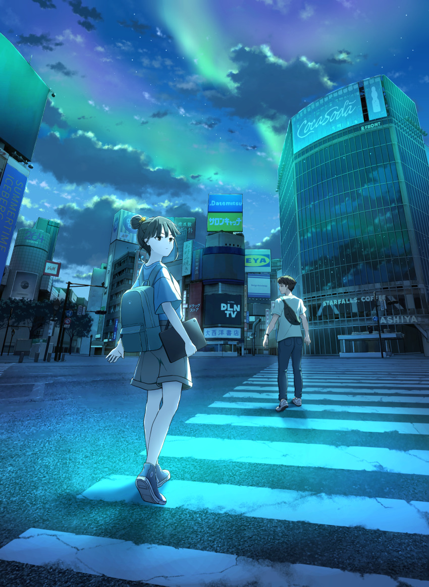 1boy 1girl anyotete aurora backpack bag black_hair brown_hair city cloud cloudy_sky converse crosswalk dark denim from_behind hair_bun hair_ornament highres jeans looking_back looking_to_the_side night night_sky original outdoors pants road road_sign scenery shibuya_(tokyo) shibuya_109 shirt shoes short_hair shorts sign single_hair_bun sky sneakers star_(sky) street t-shirt tablet_pc tokyo_(city) traffic_light walking
