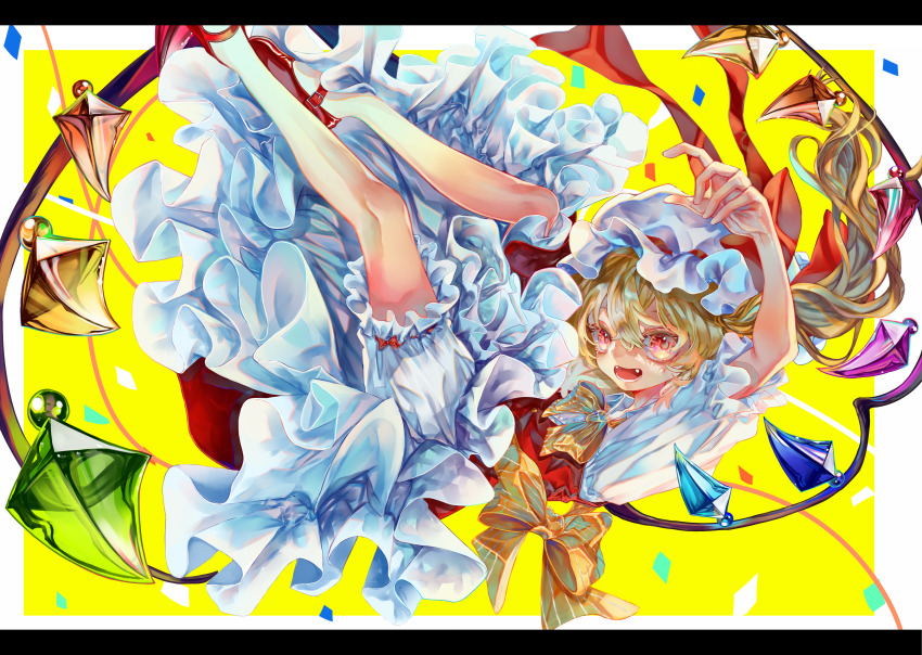 1girl :d arm_up ascot blonde_hair bloomers crystal fangs feet_out_of_frame flandre_scarlet floating_hair hair_between_eyes hat highres legs_up letterboxed looking_at_viewer mob_cap one_side_up open_mouth red_eyes ribbon short_hair_with_long_locks short_sleeves simple_background smile solo syukou touhou underwear white_bloomers white_hat wings yellow_background