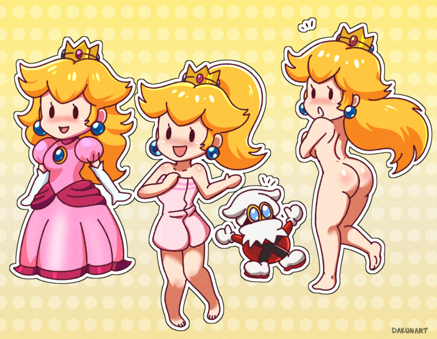 1girl accidental_pervert ahoge armpits arms_at_sides artist_name ass back bare_arms barefoot blonde_hair blue_eyes blush breasts collarbone completely_nude covering_breasts covering_privates crown dakunart dimples_of_venus dress earrings elbow_gloves embarrassed exhibitionism eyelashes feet female_focus full_body gloves groin hands_up happy height_difference jewelry legs long_dress long_hair looking_at_viewer looking_back mario_(series) medium_breasts multiple_views naked_towel navel neck nintendo nipples nude open_mouth outstretched_arm paper_mario paper_mario:_the_thousand_year_door parted_bangs pink_dress ponytail princess_peach public_indecency public_nudity scene_reference soles standing surprised thighs toes towel x-naut
