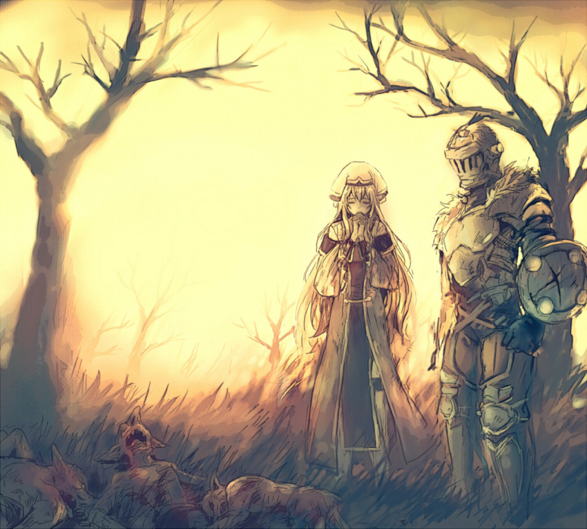 1boy 1girl armor bad_id bad_pixiv_id bare_tree breastplate closed_eyes death fantasy full_armor gloves goblin goblin_slayer goblin_slayer! grass hat helmet limited_palette long_hair long_sleeves outdoors pelvic_curtain praying priestess_(goblin_slayer!) shield shoulder_armor st5g75w standing tree visor_(armor)
