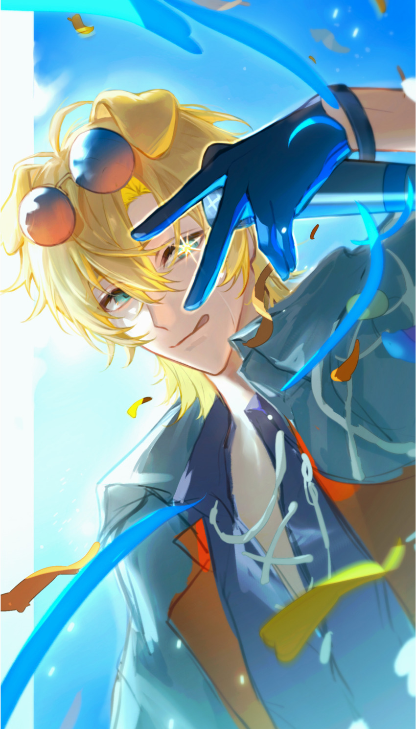 +_+ 1boy ahoge animal_ears arknights black_gloves black_shirt blonde_hair blue_eyes blue_jacket blue_ribbon blue_sky bracelet chexiaoww chinese_commentary closed_mouth commentary_request confetti dog_boy dog_ears eyewear_on_head gloves hair_between_eyes hand_up highres holding holding_microphone jacket jewelry looking_at_viewer male_focus messy_hair microphone one_eye_closed open_clothes open_jacket open_shirt ribbon shirt sky smile solo string sunglasses tequila_(arknights) tequila_(top_tier_live)_(arknights) thick_eyebrows tongue tongue_out v v_over_eye white_string