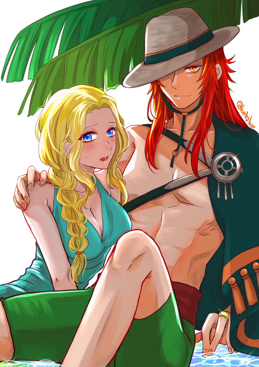 1boy 1girl blonde_hair blue_eyes blush breasts cleavage fire_emblem fire_emblem:_the_sacred_stones fire_emblem_heroes hand_on_another&#039;s_arm hat highres jewelry joshua_(fire_emblem) joshua_(summer)_(fire_emblem) looking_at_viewer medium_breasts natasha_(fire_emblem) nintendo official_alternate_costume one-piece_swimsuit open_mouth red_eyes red_hair ring sitting smile straw_hat swimsuit taguchi_(igutiguti)