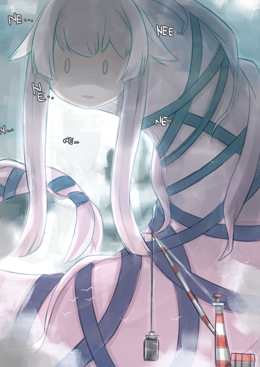 1girl absurdres bird crane_(machine) enjaku_izuku fog hair_flaps hair_ribbon highres kantai_collection long_hair monster no_humans outdoors parted_lips pink_hair ribbon romaji_text sidelocks tail yura_(kancolle) yura_(snake)