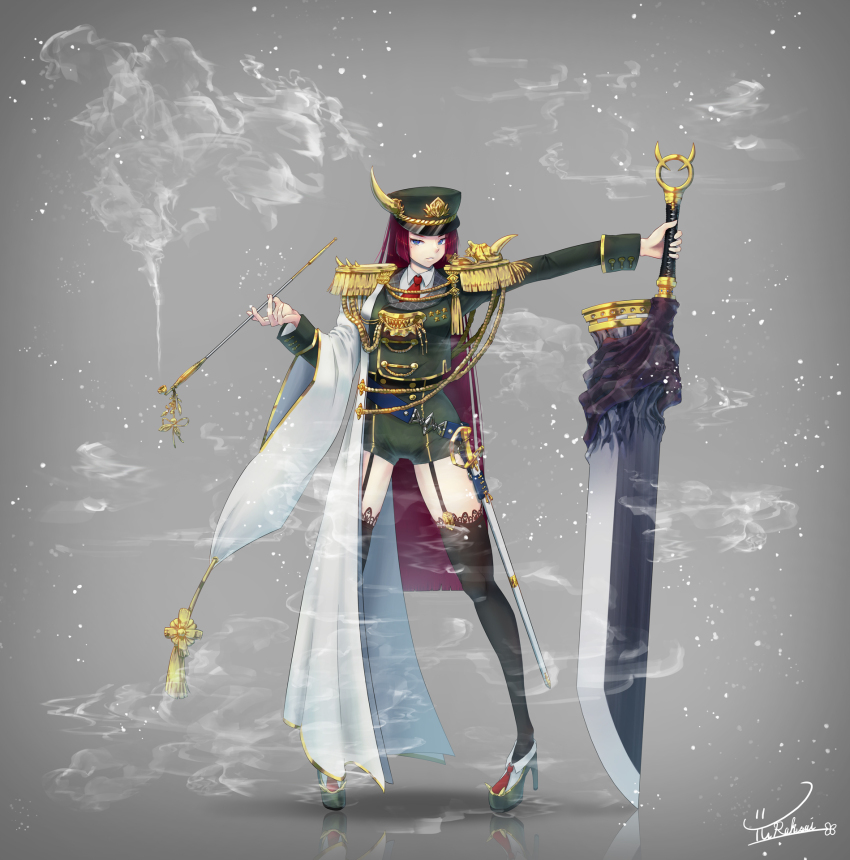1girl aiguillette blue_eyes blunt_ends buttons coat collared_shirt double-breasted epaulettes garter_straps hat high_heels highres holding holding_smoking_pipe horn_ornament horns huge_weapon legs_apart long_coat long_hair long_sword mature_female military_uniform necktie original red_hair shirt signature simple_background skirt skirt_set smoke smoke_trail smoking_pipe star_ornament sword thighhighs top_hat very_long_hair weapon white_background white_coat yurakusai