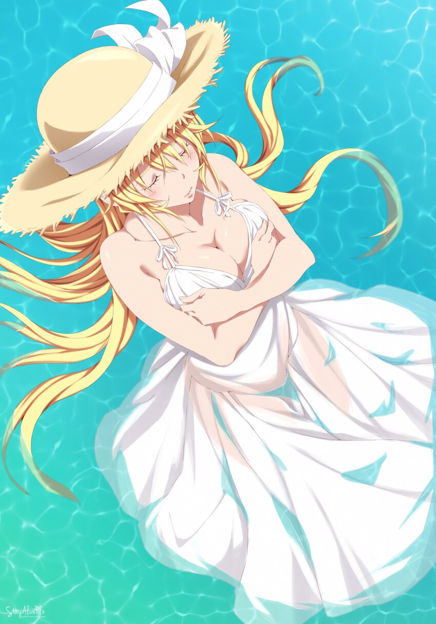 1girl absurdres blonde_hair breasts closed_eyes closed_mouth collarbone crossed_arms dress highres in_water large_breasts long_dress long_hair nakiri_erina shallow_water shokugeki_no_souma stayaliveplz very_long_hair water white_dress