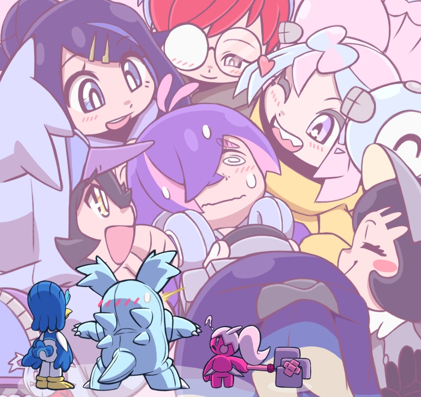 absurdres baseball_cap black_gloves black_hair black_hoodie blue_eyes blue_hair blush blush_stickers bonnet bow-shaped_hair camera character_hair_ornament closed_eyes closed_mouth colored_inner_hair dot_(pokemon) dress eyelashes fake_hair_bun gen_1_pokemon glasses gloves green_hair_ornament grey_dress grey_eyes hair_bun hair_ornament hair_over_eyes hairclip hat headphones heart highres holding holding_camera hood hood_up hoodie icydirtball iono_(pokemon) jacket light_smile liko_(pokemon) long_hair long_sleeves magnemite mascot_costume meme multicolored_hair multiple_girls nervous_sweating nidothing nintendo nyabiko_(pokemon) open_clothes open_mouth oversized_clothes penny_(pokemon) perrin_(pokemon) photographer pink_hair pokemon pokemon_(anime) pokemon_(creature) pokemon_horizons pokemon_sv ponytail poppy_(pokemon) purple_bag purple_hair quaxwell red_hair round_eyewear sharp_teeth short_hair short_ponytail smile sonic_surrounded_by_amy_plush_dolls_(meme) split-color_hair surprised sweat teeth tinkatuff two-tone_hair visor_cap white_nails yellow_eyes yellow_jacket