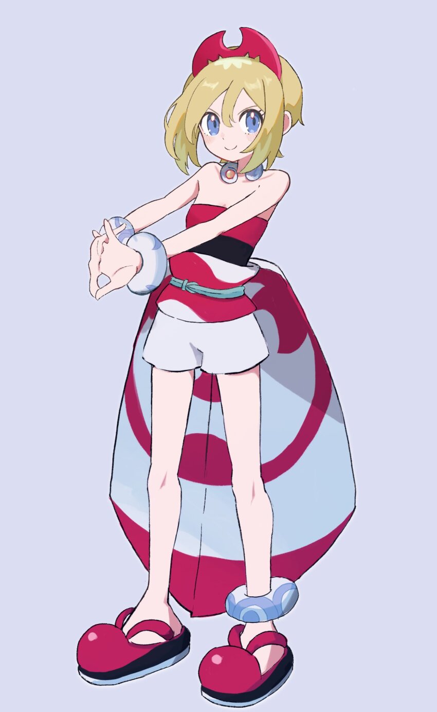 1girl 67wk317 bare_shoulders blonde_hair blue_eyes closed_mouth full_body hair_between_eyes hairband highres interlocked_fingers irida_(pokemon) looking_at_viewer nintendo pokemon pokemon_legends:_arceus red_hairband short_hair shorts sleeveless smile solo standing white_shorts