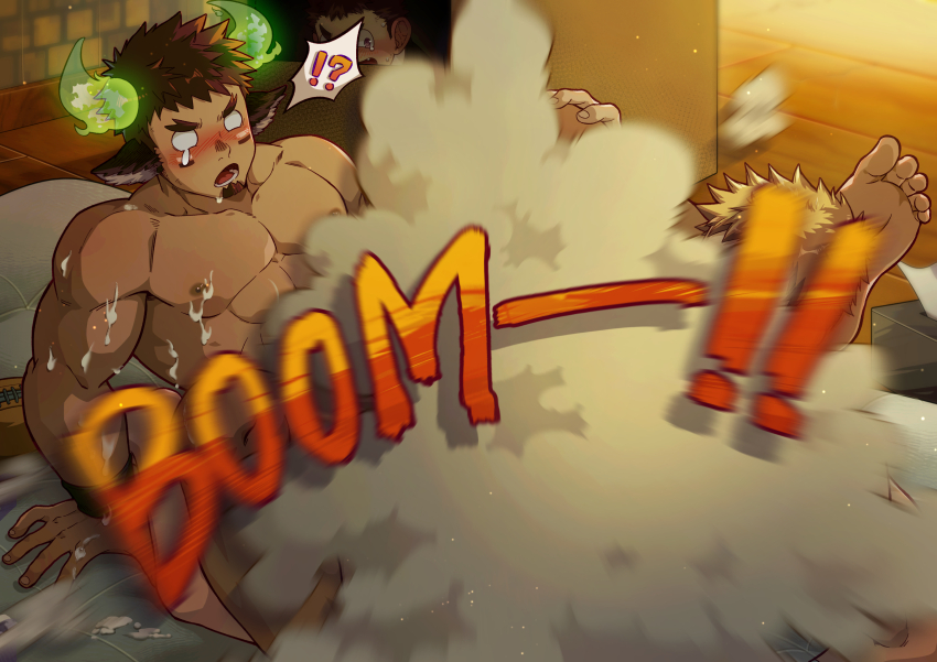 ! !? 3boys ? absurdres ancpaghetti animal_ears blonde_hair brown_hair chinese_commentary commentary_request cow_boy cow_ears english_text facial_hair highres male_focus multiple_boys muscular muscular_male muscular_uke ooki_ikutoshi smoke sound_effects spoken_exclamation_mark spoken_question_mark suggestive_fluid tears tokyo_houkago_summoners transformation wakan_tanka wakan_tanka_mugen wooden_floor yaoi
