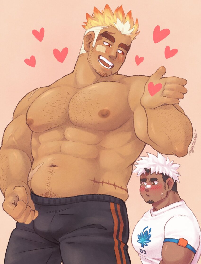 2boys abs akiha_gongen_(housamo) averting_eyes bandaid bandaid_on_cheek bandaid_on_face bandaid_on_nose bara black_hair black_pants blonde_hair blush bulge burn_scar commentary cowboy_shot dark-skinned_male dark_skin english_commentary facial_hair goatee heart highres horns large_pectorals looking_at_another loving_aura male_focus multicolored_hair multiple_boys muscular muscular_male mystar21 navel nervous_sweating nipples open_mouth pants pectorals pink_background scar scar_on_face scar_on_hip scar_on_shoulder scar_on_stomach shirt short_hair sideburns_stubble signature simple_background single_horn sparse_arm_hair sparse_chest_hair sparse_navel_hair stubble sweat tight_clothes tight_shirt tokyo_houkago_summoners topless_male two-tone_hair ulaanbaatar_(housamo) undercut veins veiny_arms white_hair white_shirt yaoi