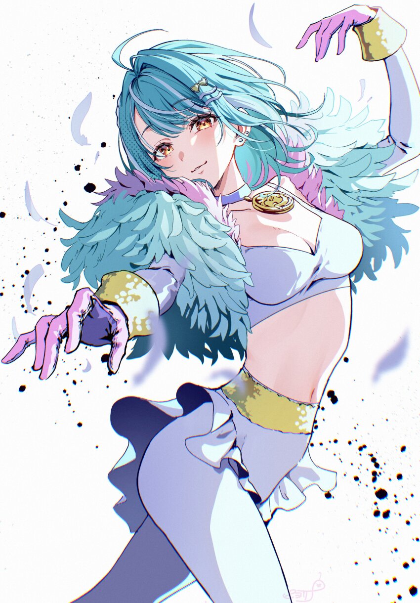 1girl absurdres ahoge blue_hair breasts choker cosplay crop_top earrings feather_boa gloves highres jewelry manon_legrand manon_legrand_(cosplay) medallion medium_breasts midriff navel official_alternate_costume orange_eyes pants piyoyanagi shiranami_ramune short_hair solo street_fighter street_fighter_6 virtual_youtuber vspo!